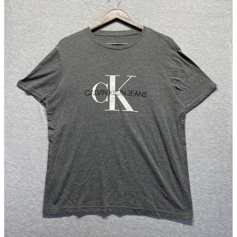 Calvin Klein Jeans T Shirt Mens Medium Heather Gray Graphic Logo Crew Neck